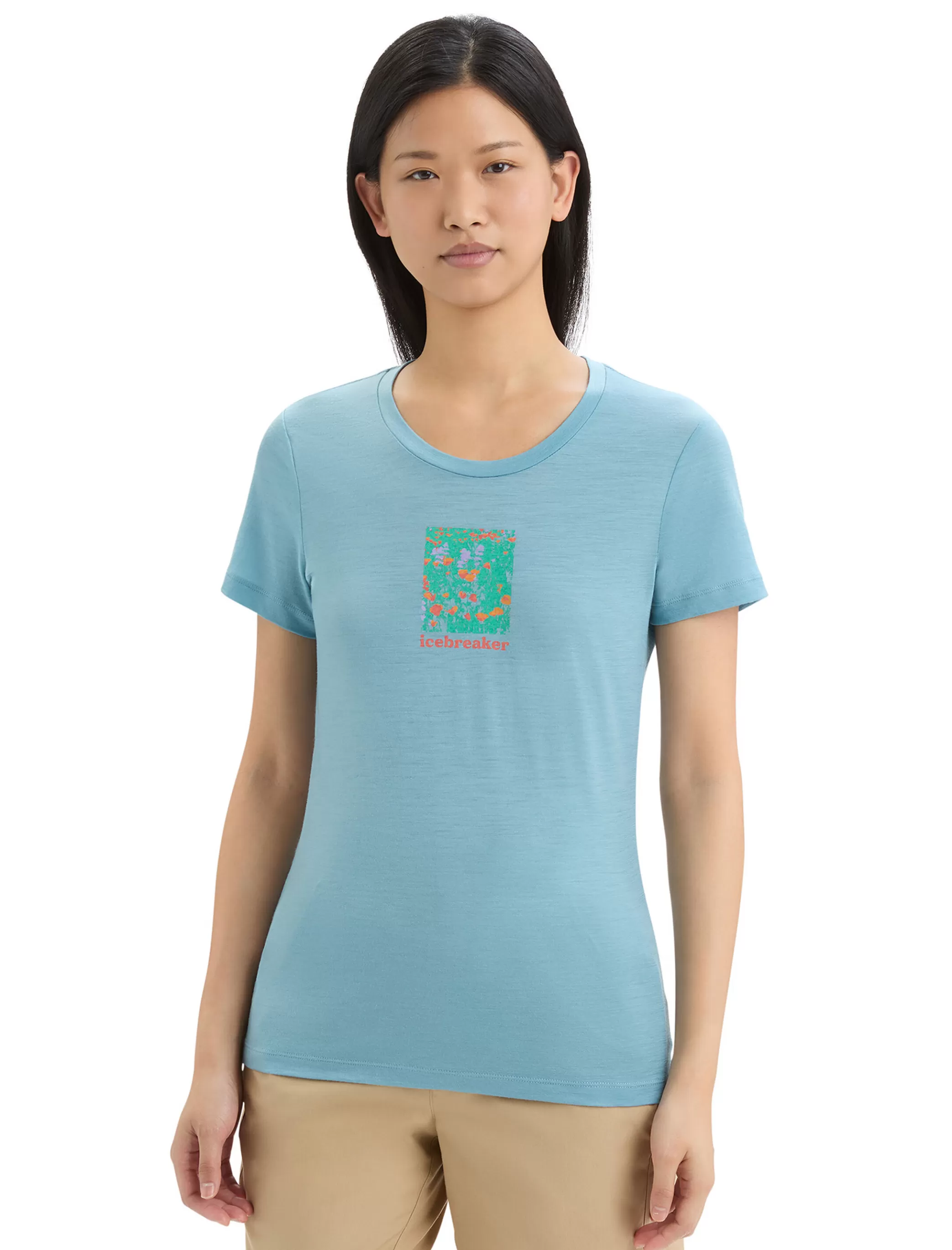 Shop icebreaker Women'S Merino Tech Lite Ii Short Sleeve T-Shirt Wildflower Bloom Astral Blue